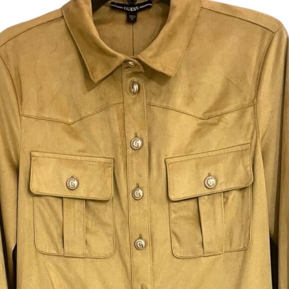 Guess Faux Suede Mustard Tan Long  Sleeve Button Up Cowgirl Western Dress Size S - Picture 2 of 8